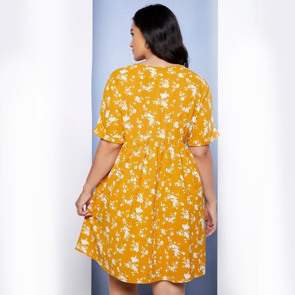 Ditsy Floral BOHO Mustard Yellow Plus Size Dress - Picture 8 of 10